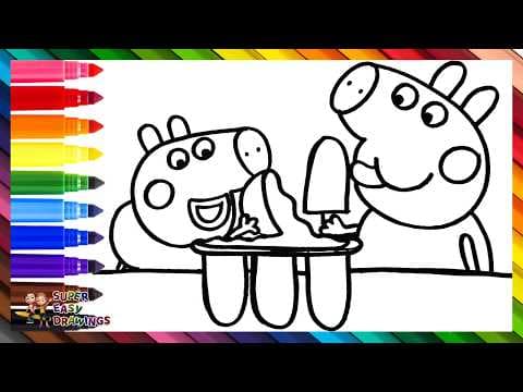 Preview of Draw and Color Peppa Pig and George Pig Making Ice Cream 🐷🍦🍧🍓🧊🌈 Drawings for Kids