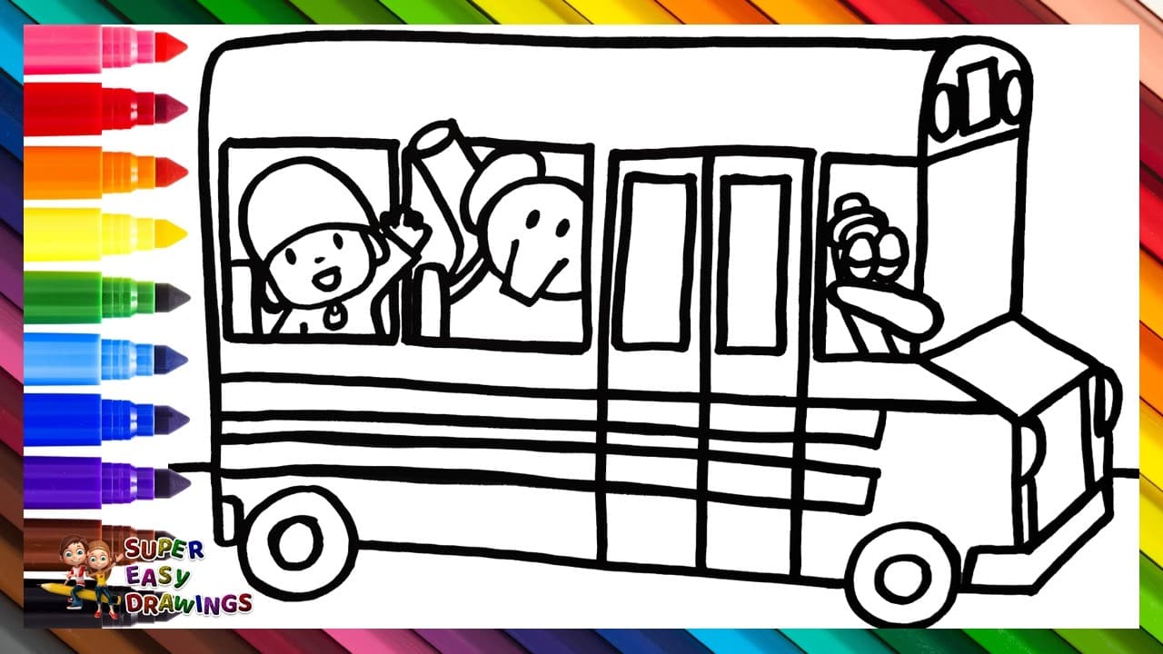 Preview of Draw and Color Pocoyo and His Friends Going Back to School 👶🦆🐘🚌🎒📚✏️🔠🔢🏫 Drawings for Kids