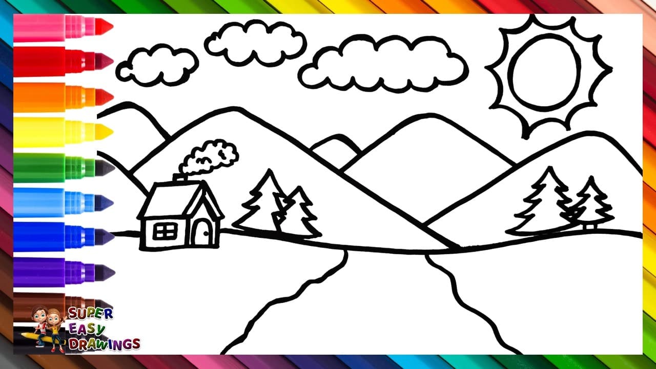 Preview of Draw and Color Simple Mountain Landscape 🏡🏞️🌲⛅🌈 Drawings for Kids