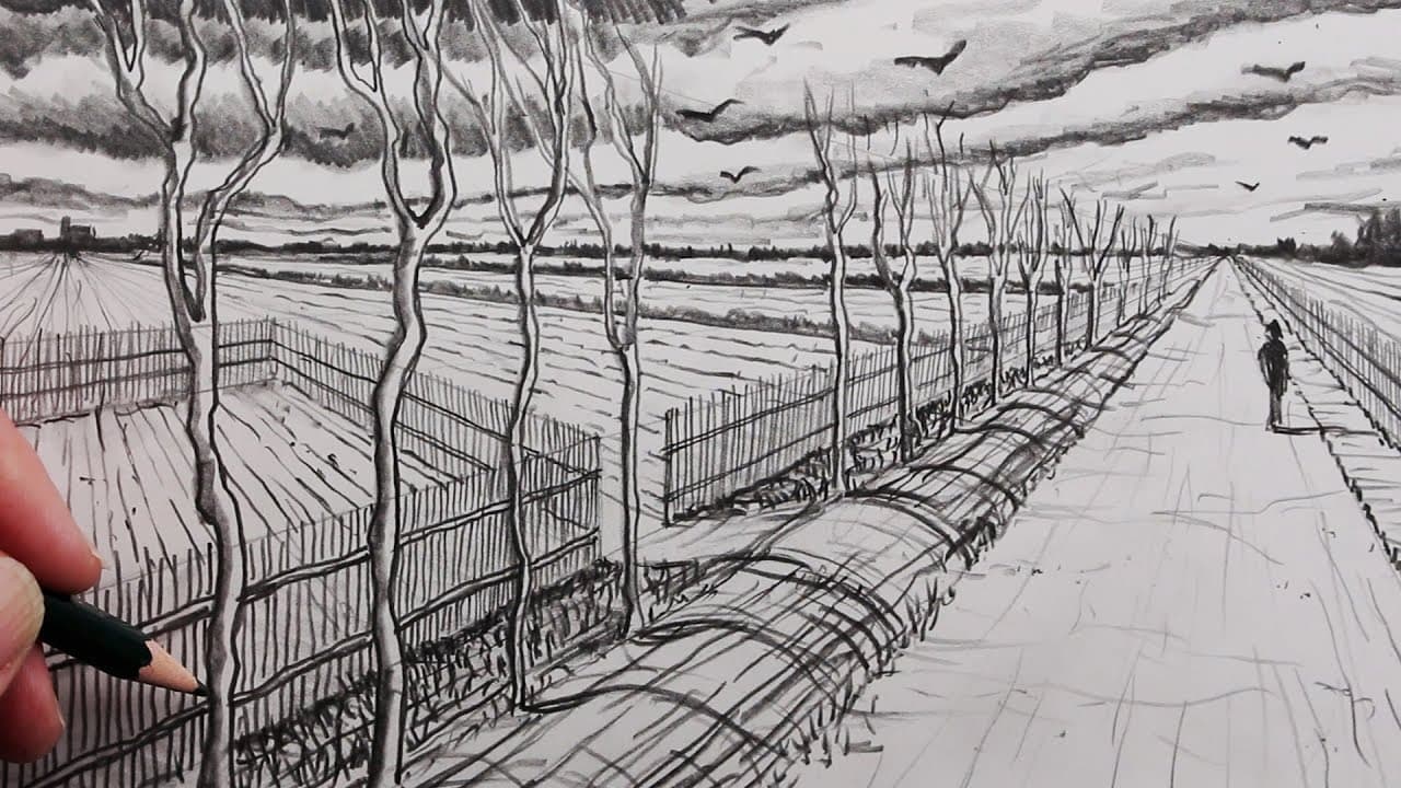 Preview of How to Draw a Country Road Landscape: Step by Step Pencil Sketch