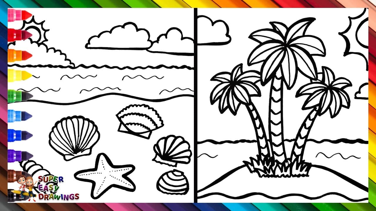 Preview of Draw and Color a Beach with Seashells and an Island 🏖️🐚🏝️🌊🌤️🌈 Drawings for Kids