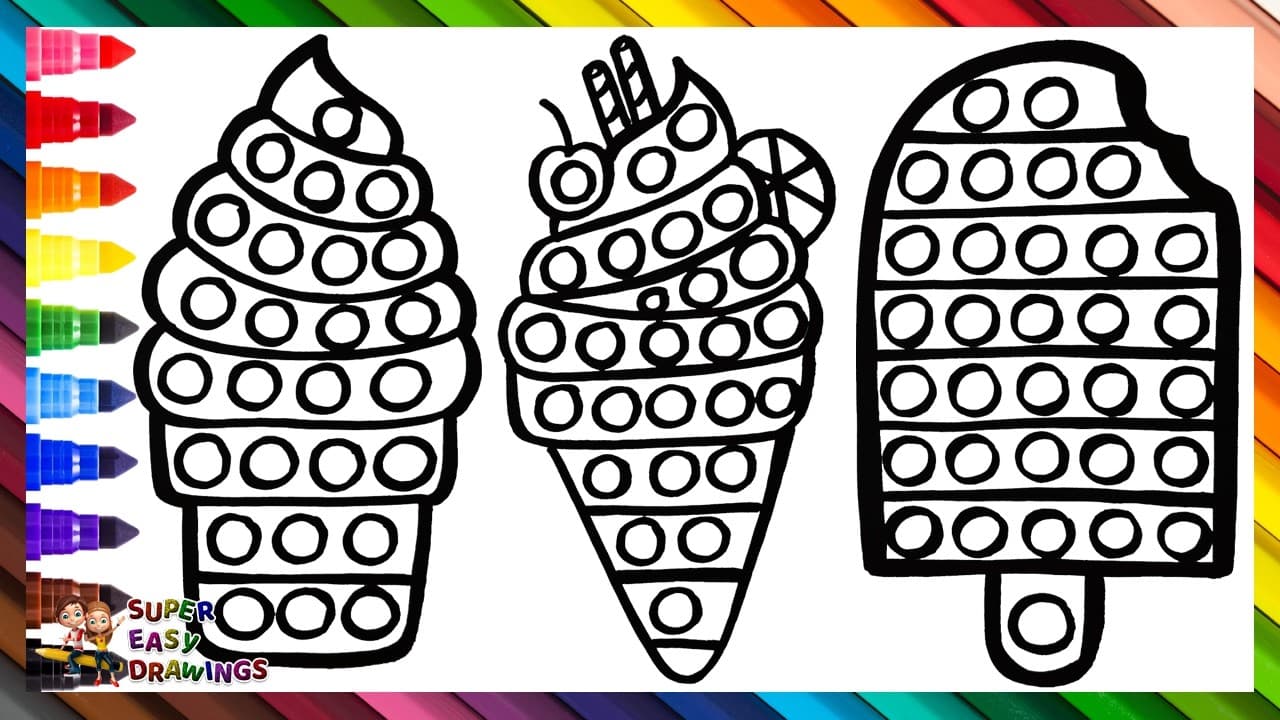Preview of Draw and Color 3 POP IT Ice Creams 🍦🍦🍦🔴🟠🟡🟢🔵🟣🌈 Drawings For Kids