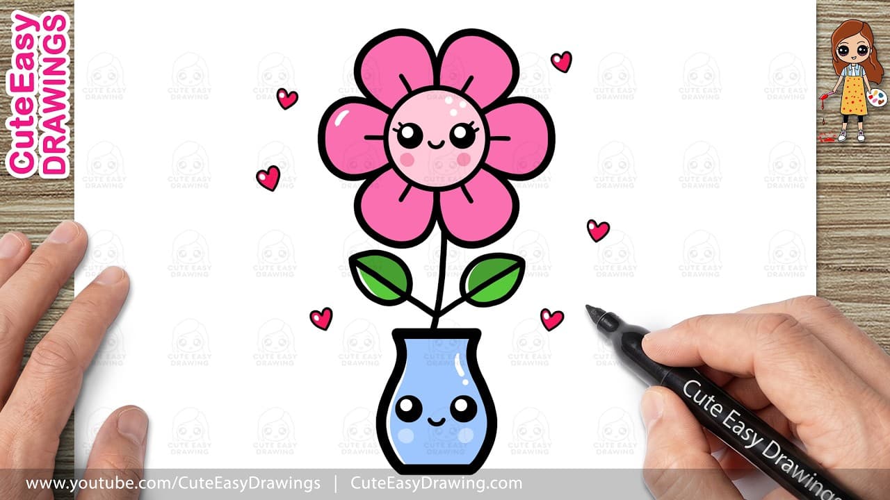 Preview of How to Draw a Cute Flower in a Vase Easy Step-by-Step | Kawaii Flower Drawing for Kids and Toddlers!