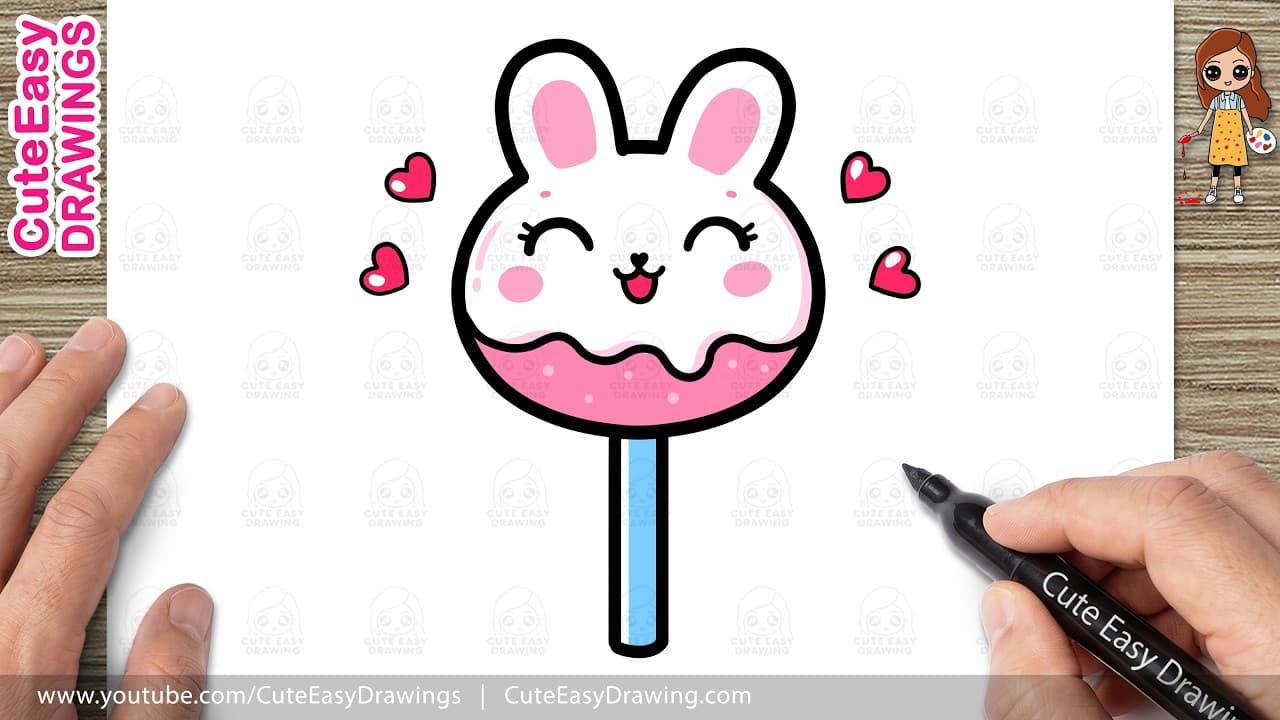 Preview of How to Draw a Cute Bunny Lollipop Easy Step-by-Step | Kawaii Candy Drawing for Kids and Toddlers!