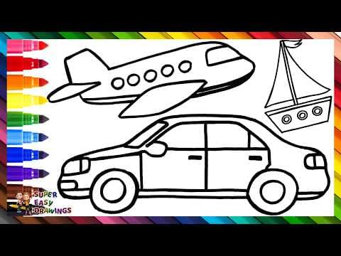 Preview of Draw and Color 3 Vehicles: a Car, a Boat, and an Airplane 🚗🚤✈️🌈 Drawings for Kids