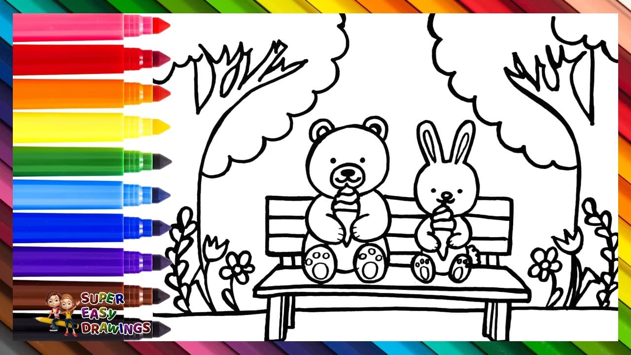 Preview of Draw and Color a Cute Bear and a Cute Bunny Eating Ice Cream 🐻🍦🐰🌈 Drawings for Kids