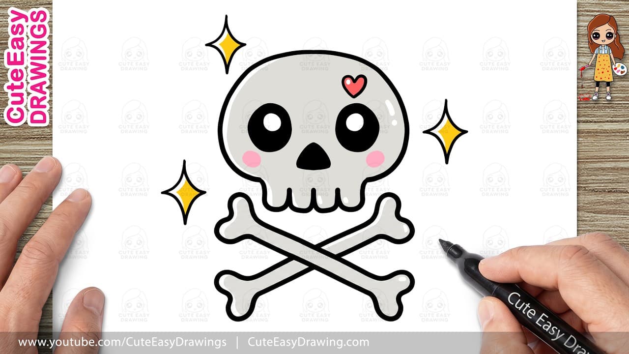 Preview of How to Draw a Cute Skull and Crossbones Easy Step by Step | Kawaii Halloween Drawing For Kids!