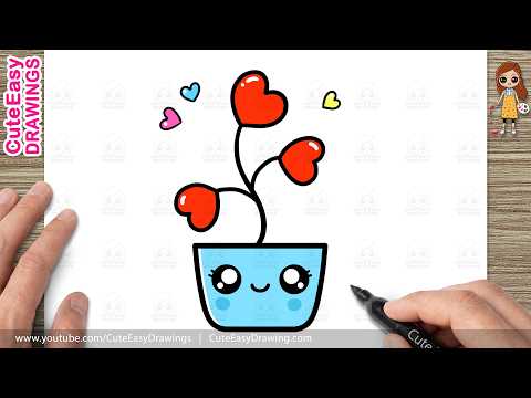 Preview of How to Draw a Cute Heart Plant | Easy Step-by-Step | Kawaii Flower Pot Drawing for Kids & Toddlers!