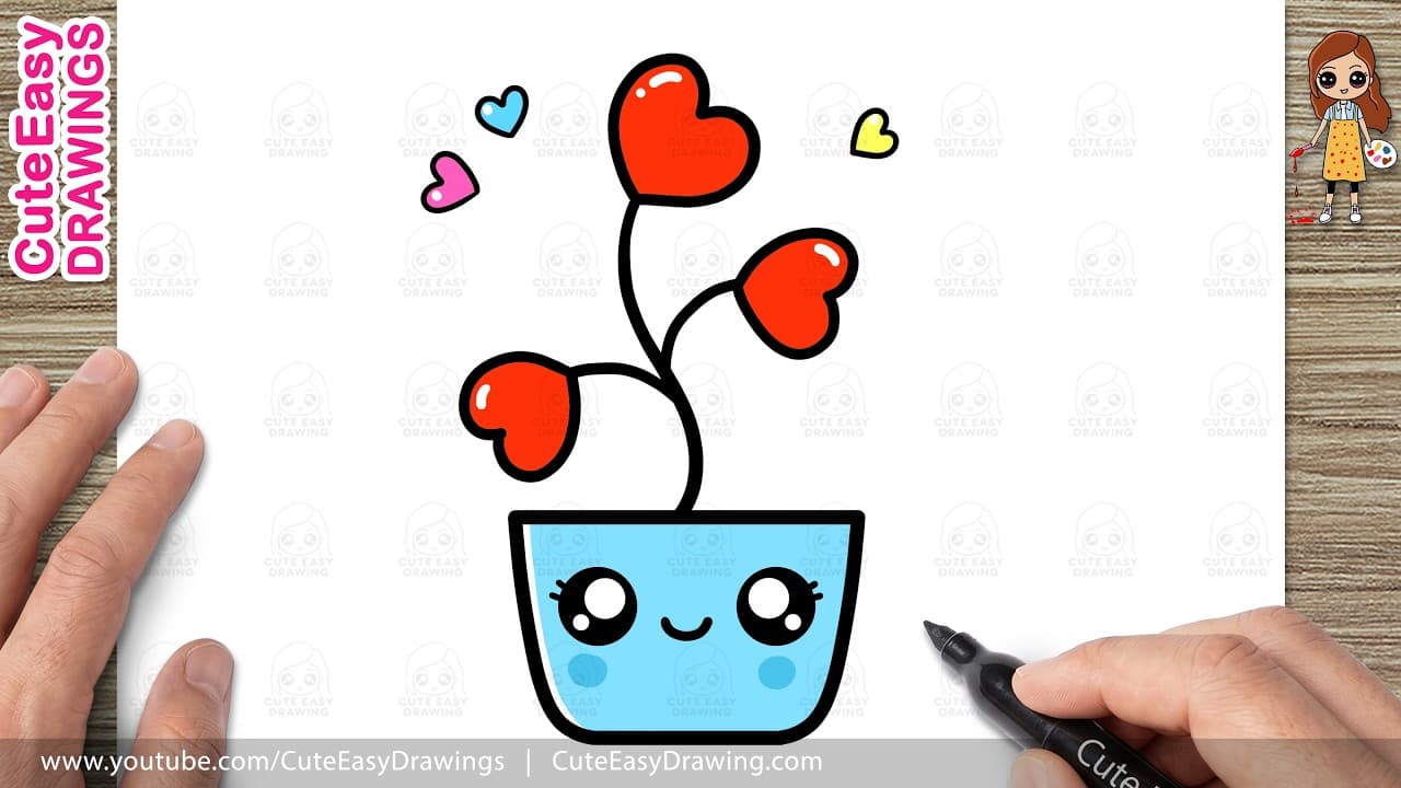 Preview of How to Draw a Cute Heart Plant | Easy Step-by-Step | Kawaii Flower Pot Drawing for Kids & Toddlers!