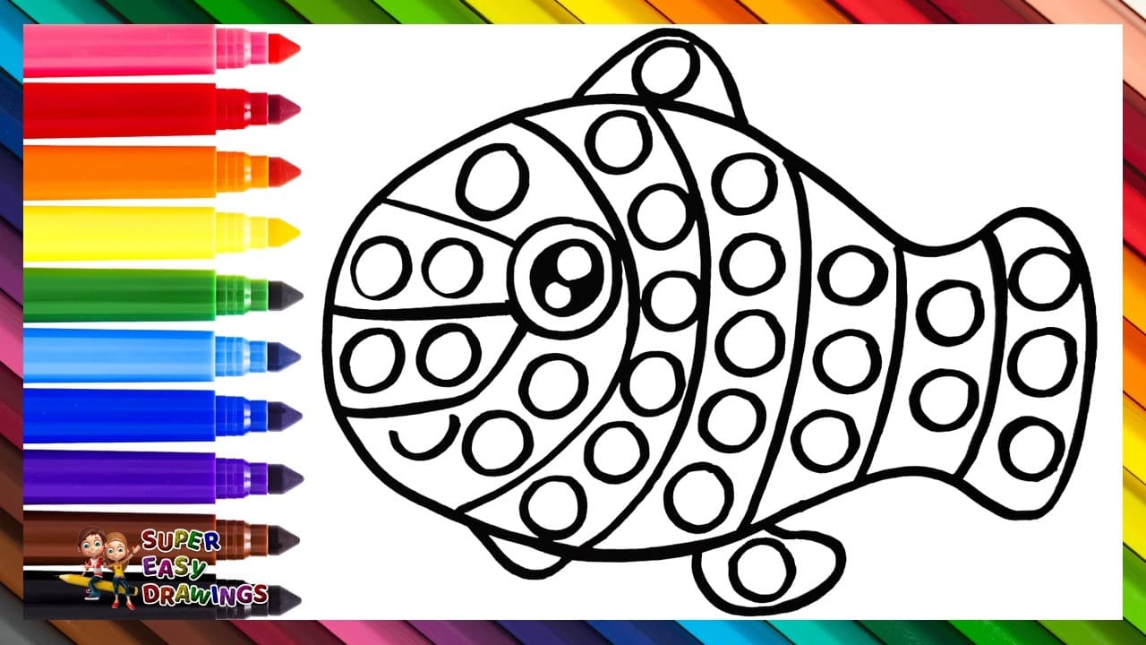 Preview of Draw and Color a Fish POP IT 🐟🔴🟠🟡🟢🔵🟣🌈 Drawings for Kids