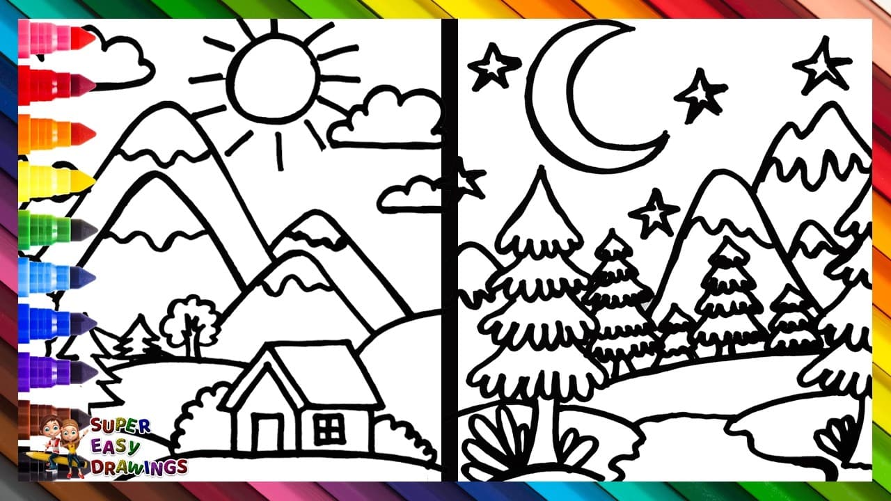 Preview of Draw and Color a Day Landscape vs a Night Landscape 🏠🌲🏞️⛅🌙🌠🌈 Drawings for Kids