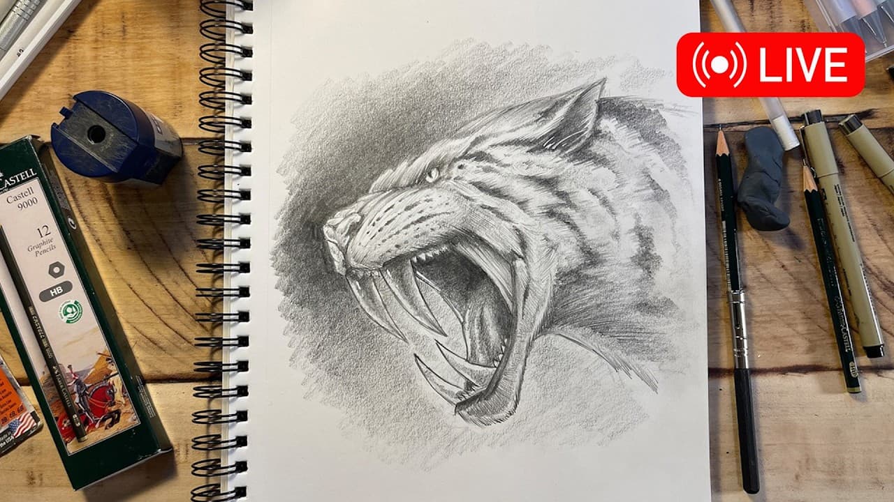 Preview of How to Draw a Sabretooth Tiger 🔴 LIVE session
