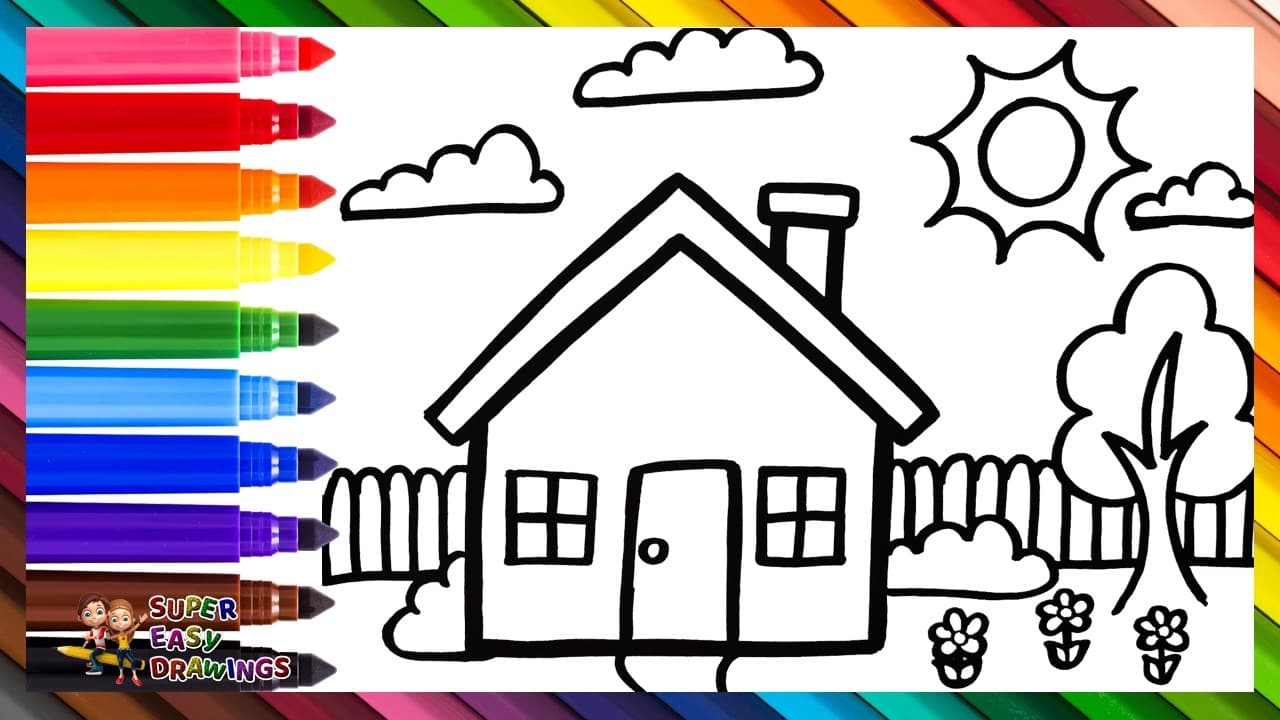 Preview of Draw and Color a House with a Garden 🏡🌳☀️☁️🌈 Drawings for Kids