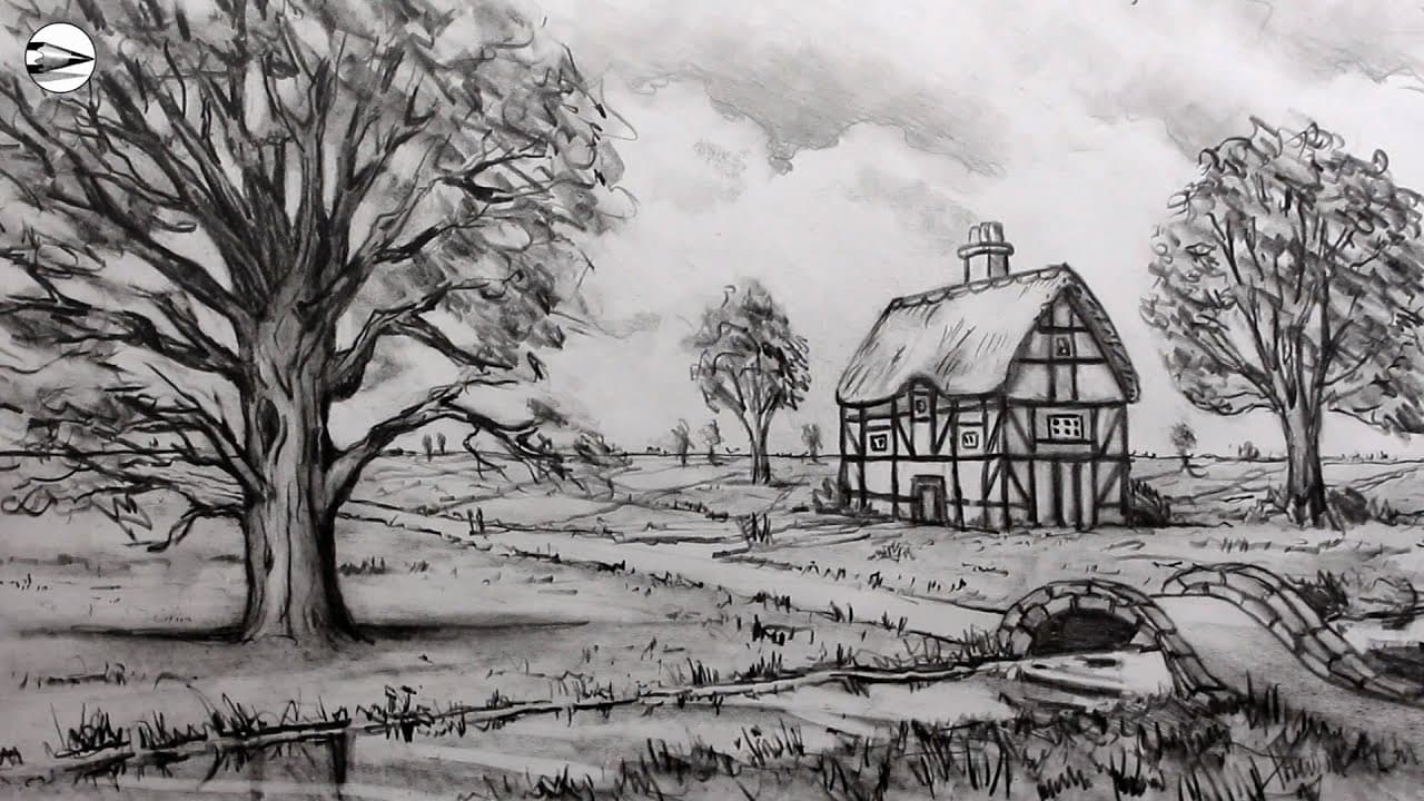 Preview of How to Draw a Cottage in a Landscape Scene for Beginners