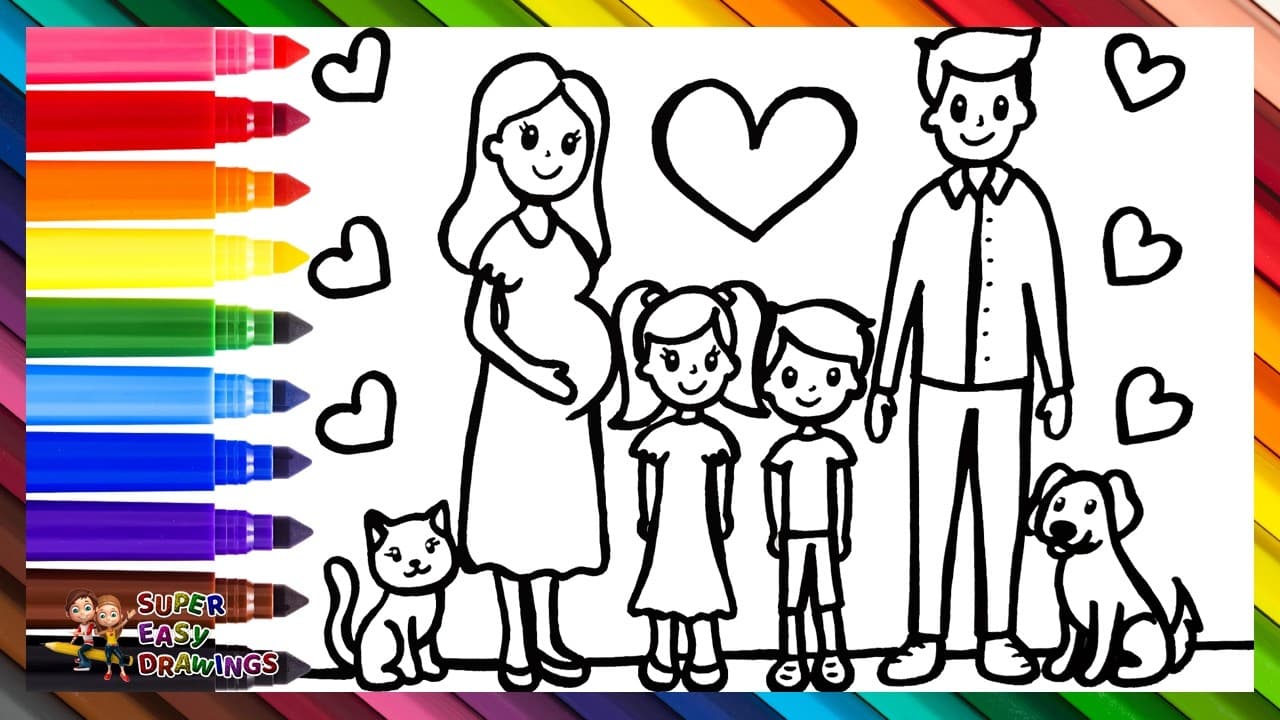 Preview of Draw And Color A Family With Their Pets 👩🐱🤰👧👨👦🐶❤️ Parents, Children And Pets 👨‍👩‍👧‍👧🐱🐶�