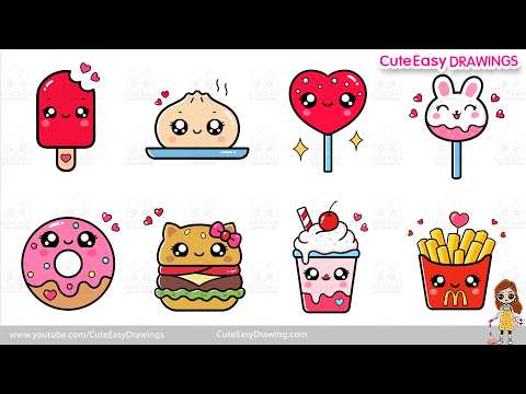 Preview of How to Draw Cute Kawaii Snacks & Treats Easy Step by Step | 8 Easy Food Drawings Tutorial