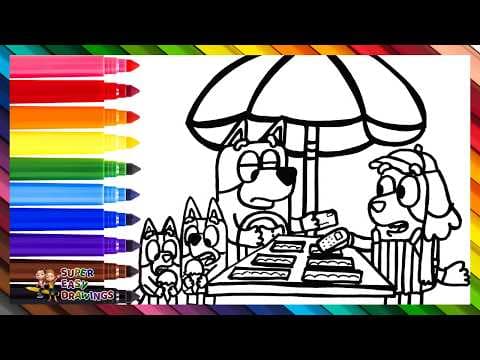 Preview of Draw and Color Bluey, Bingo, and Bandit Buying Ice Cream 🐶🍦🟡🔴 Drawings for Kids