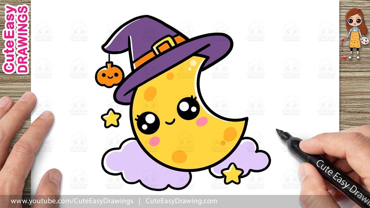 Preview of How to Draw a Cute Halloween Moon Easy Step by Step | Kawaii Halloween Drawing For Kids!
