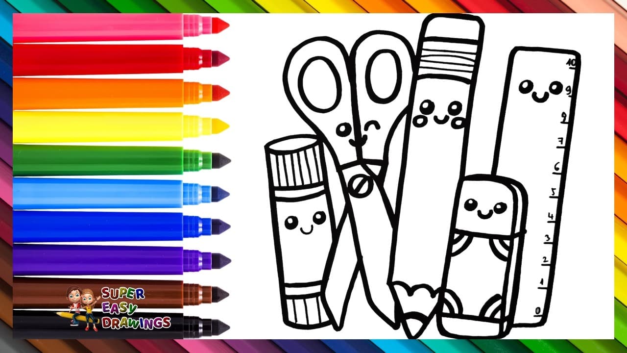 Preview of Draw and Color Cute School Supplies ✏️✂️📏🏫🌈 Drawings for Kids