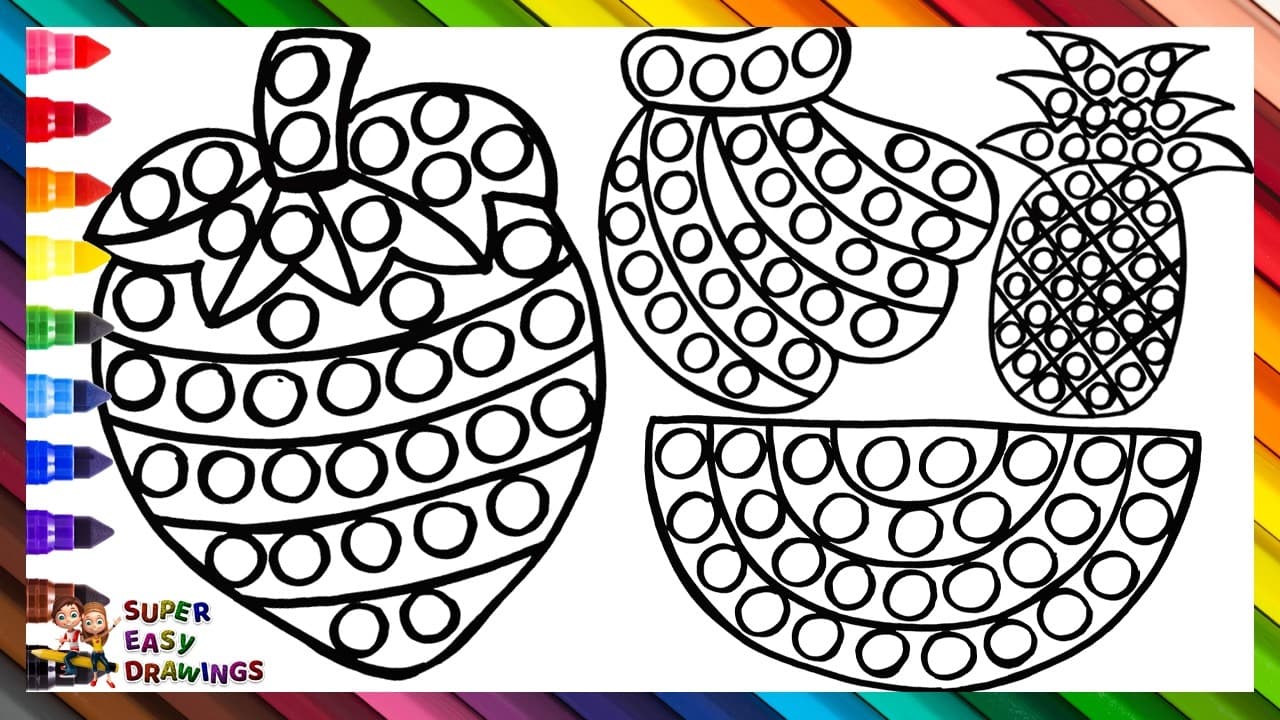 Preview of Draw and Color 4 POP IT Fruits 🍓🍌🍍🍉 Drawings for Kids