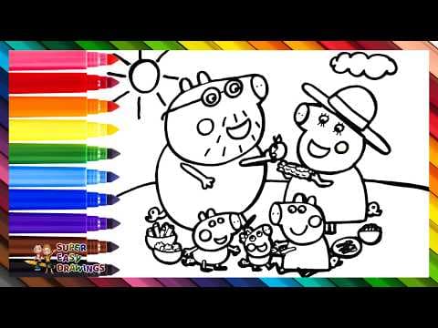 Preview of Draw And Color Peppa Pig And Her Family On A Picnic 🐷🧺🌽🍎🥦🌈 Drawings For Kids