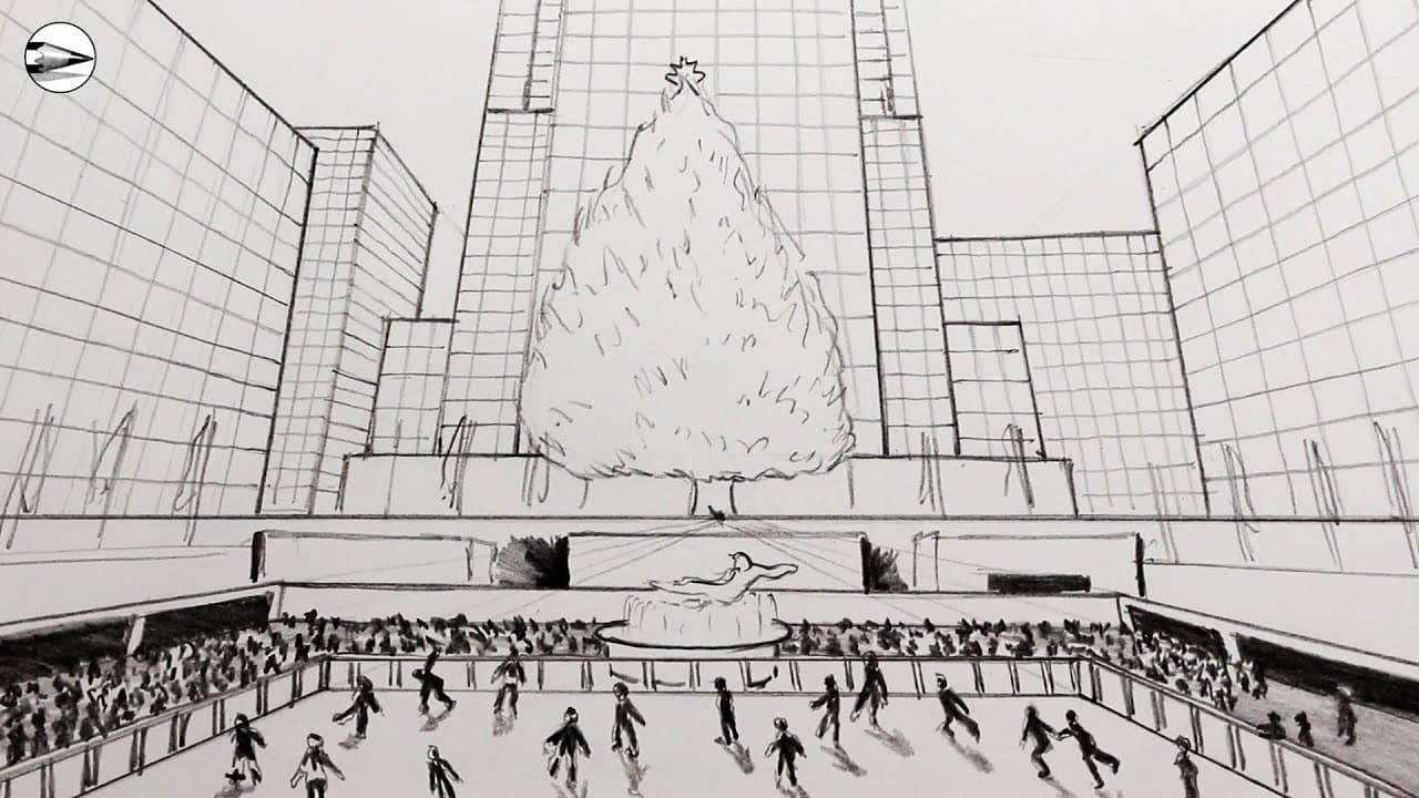 Preview of How to Draw NY City Buildings in Perspective with Ice Rink and Christmas Tree
