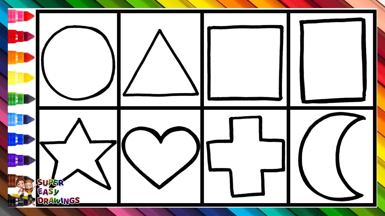 Preview of Draw and Color 12 Rainbow Geometric Shapes 🔺🟠⭐🟩🔷💜➕♦️🌙🌈 Drawings for Kids