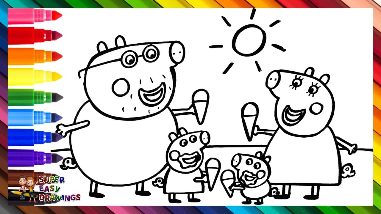 Preview of Draw and Color Peppa Pig and Her Family Eating Ice Cream 🐷 Drawings for Kids