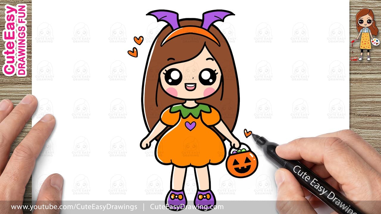 Preview of How to Draw Cute Halloween Girl Step by Step 🎃 Simple Halloween Drawing