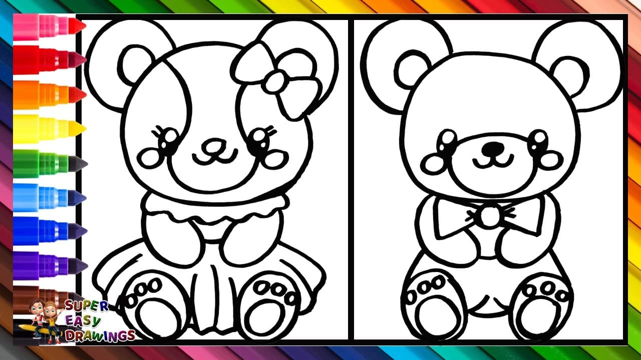 Preview of Draw and Color a Girl Teddy Bear and a Boy Teddy Bear 🧸🎀🧸👔🌈 Drawings for Kids