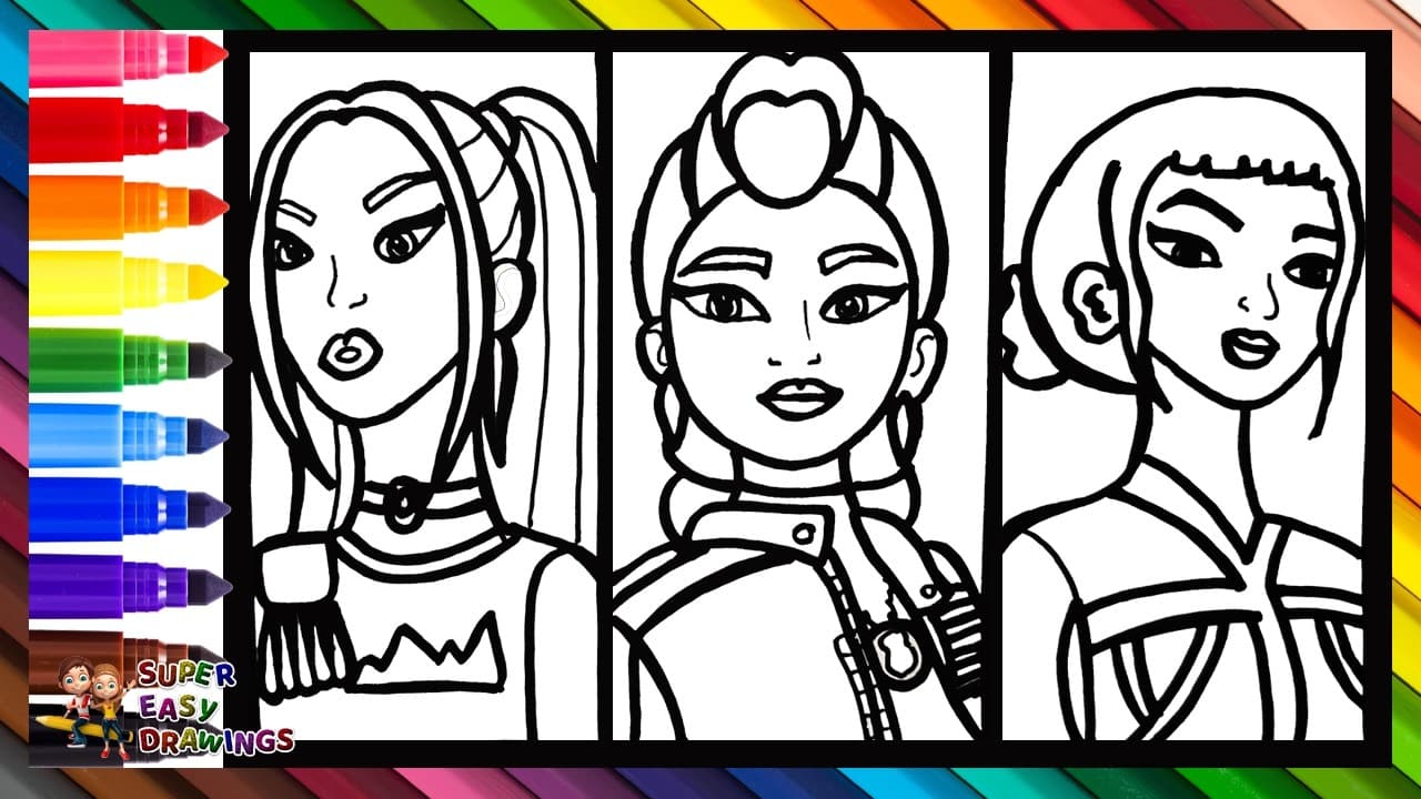 Preview of Draw and Color Rumi, Mira, and Zoey from K POP Demon Hunters 👩‍🎤🎤✨😈👹🗡️🌈 Drawings for Kids