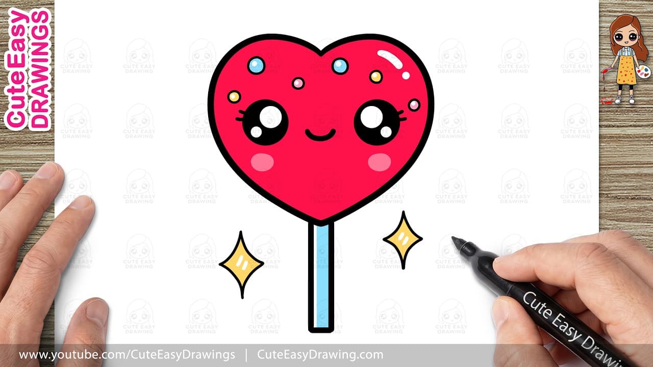 Preview of How to Draw a Cute Red Heart Lollipop | Easy Kawaii Heart Candy Drawing for Kids and Toddlers!