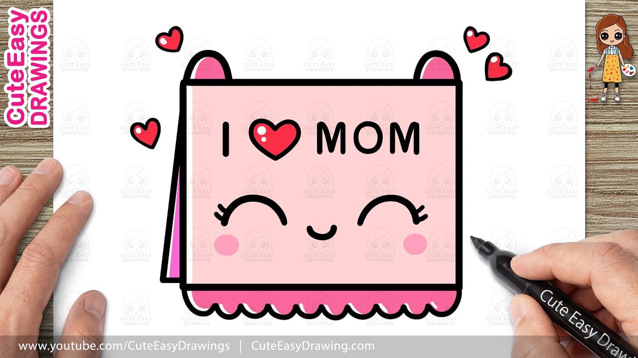 Preview of How to Draw a Cute I Love MOM Card 💖 Easy Step by Step | Kawaii Mother’s Day Card Drawing