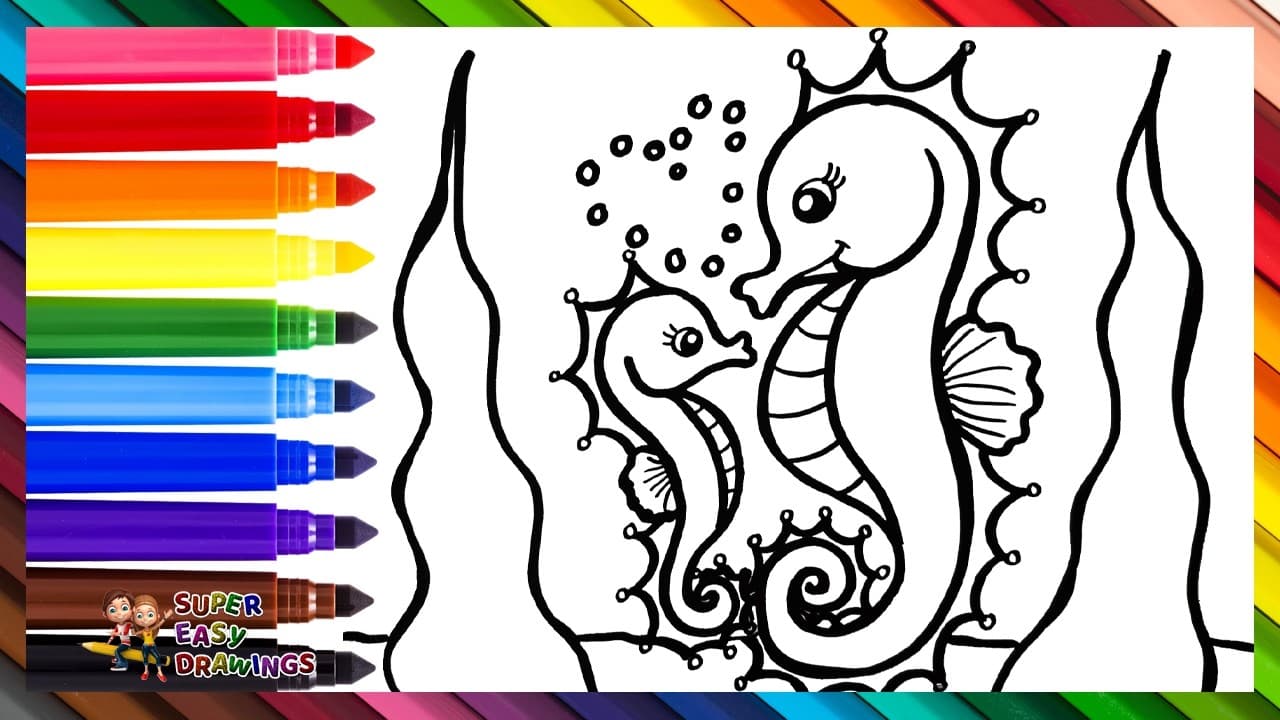 Preview of Draw and Color a Cute Baby Seahorse with Its Mom 🌊🐴🌈 Drawings for Kids