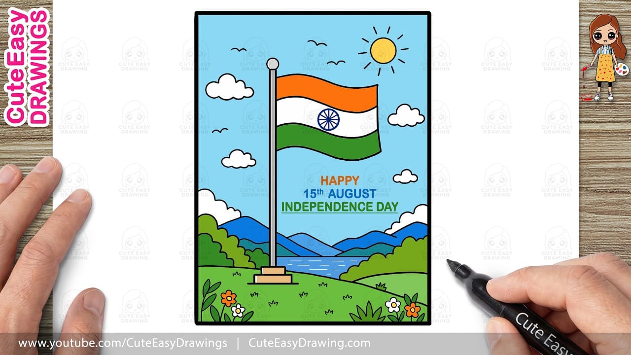 Preview of How to Draw Independence Day Drawing Easy | 15 August Poster for Kids | Indian Flag Drawing!