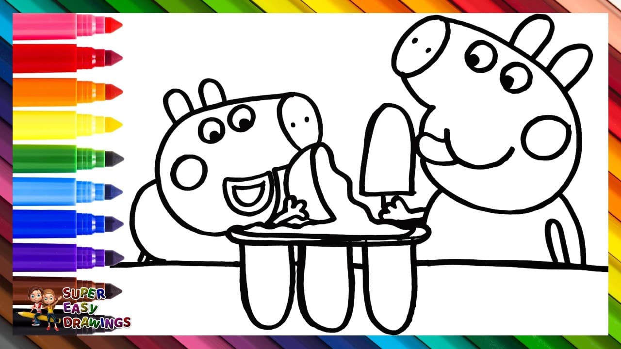 Preview of Draw and Color Peppa Pig and George Pig Making Ice Cream 🐷🍦🍧🍓🧊🌈 Drawings for Kids