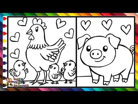 Preview of Draw and Color a Hen with Her 3 Chicks and a Pig 🐥🐔🐤🐥🐷🌈 Drawings for Kids