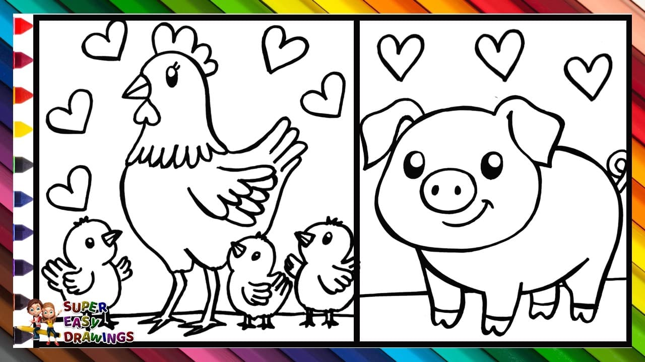 Preview of Draw and Color a Hen with Her 3 Chicks and a Pig π₯ππ€π₯π·π Drawings for Kids