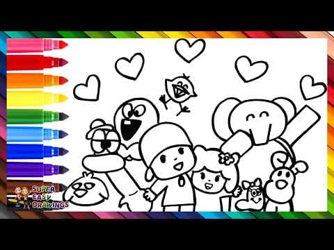 Preview of Draw and Color Pocoyo and His Friends 👶👧🦆🐘🐶🐛🐦🐙 Drawings for Kids