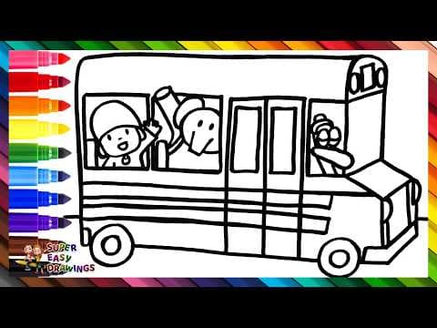 Preview of Draw and Color Pocoyo and His Friends Going Back to School 👶🦆🐘🚌🎒📚✏️🔠🔢🏫 Drawings for Kids