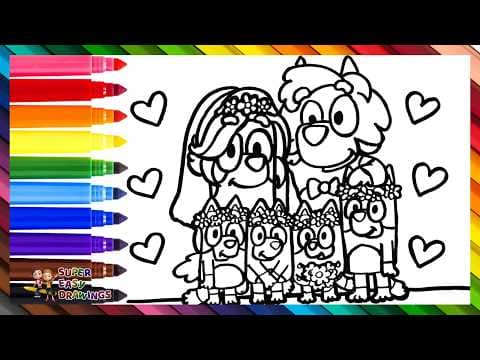 Preview of Draw and Color Bluey And Bingo On a Wedding 🐶💒👰♀️💍🤵🌈 Drawings for Kids