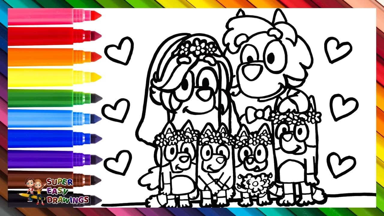 Preview of Draw and Color Bluey And Bingo On a Wedding πΆππ°ββοΈππ€΅π Drawings for Kids