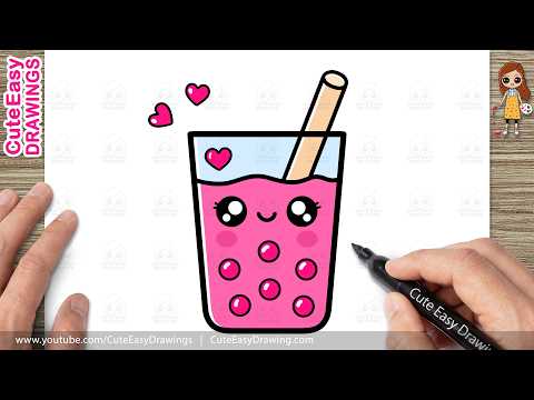 Preview of How to Draw a Cute Pink Bubble Tea Glass | Easy Kawaii Boba Drawing for Kids and Toddlers!