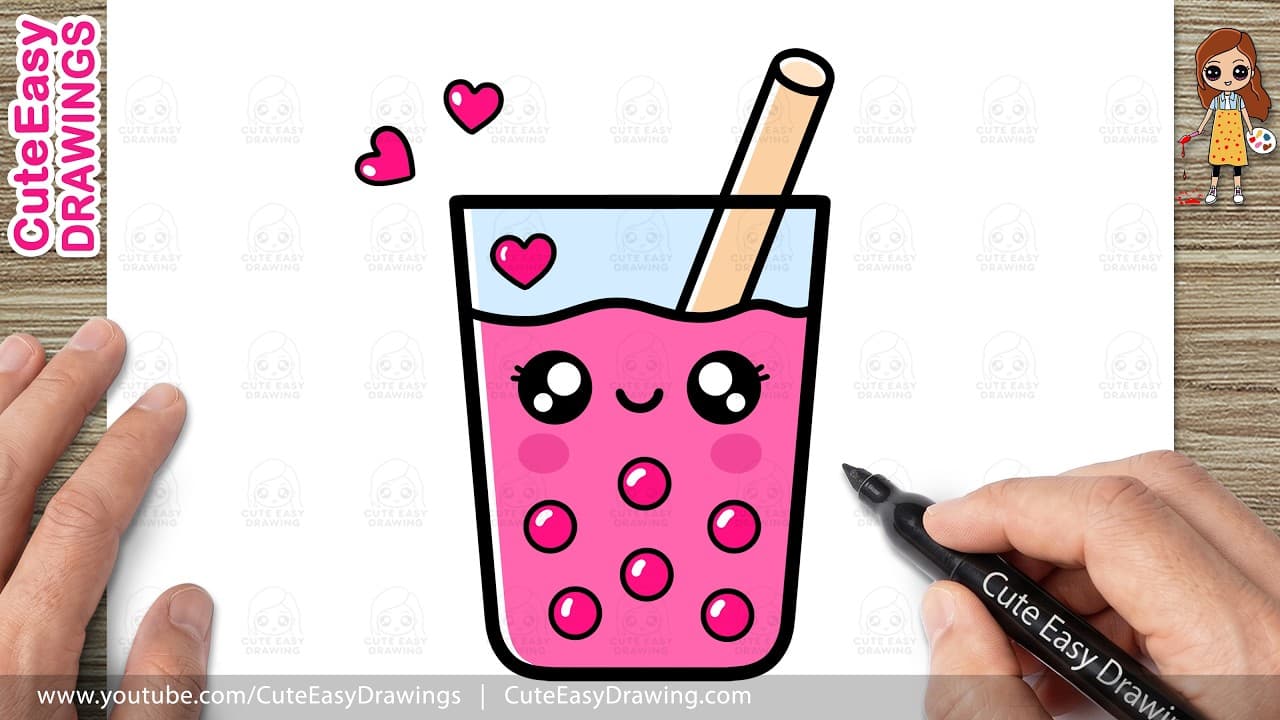 Preview of How to Draw a Cute Pink Bubble Tea Glass | Easy Kawaii Boba Drawing for Kids and Toddlers!