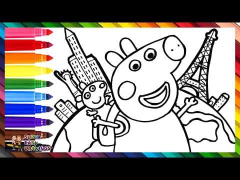Preview of Draw and Color Peppa Pig and George Pig in Paris 🐷🗼🇫🇷🥖🎨🌈 Drawings for Kids