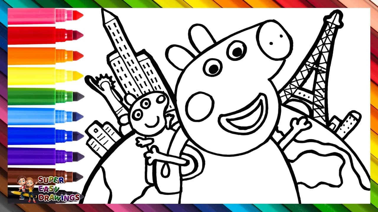 Preview of Draw and Color Peppa Pig and George Pig in Paris ๐ท๐ผ๐ซ๐ท๐ฅ๐จ๐ Drawings for Kids