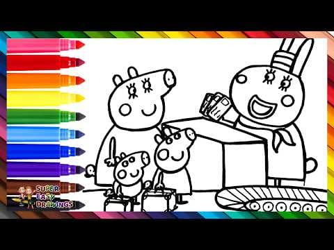 Preview of Draw And Color Peppa Pig And George Pig With Mommy Pig At The Airport 🐷🧳🛫🛄👩✈️🌈 Drawings For Kids