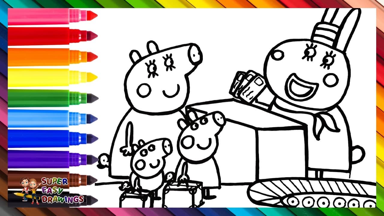 Preview of Draw And Color Peppa Pig And George Pig With Mommy Pig At The Airport ๐ท๐งณ๐ซ๐๐ฉโโ๏ธ๐ Drawings For Kids