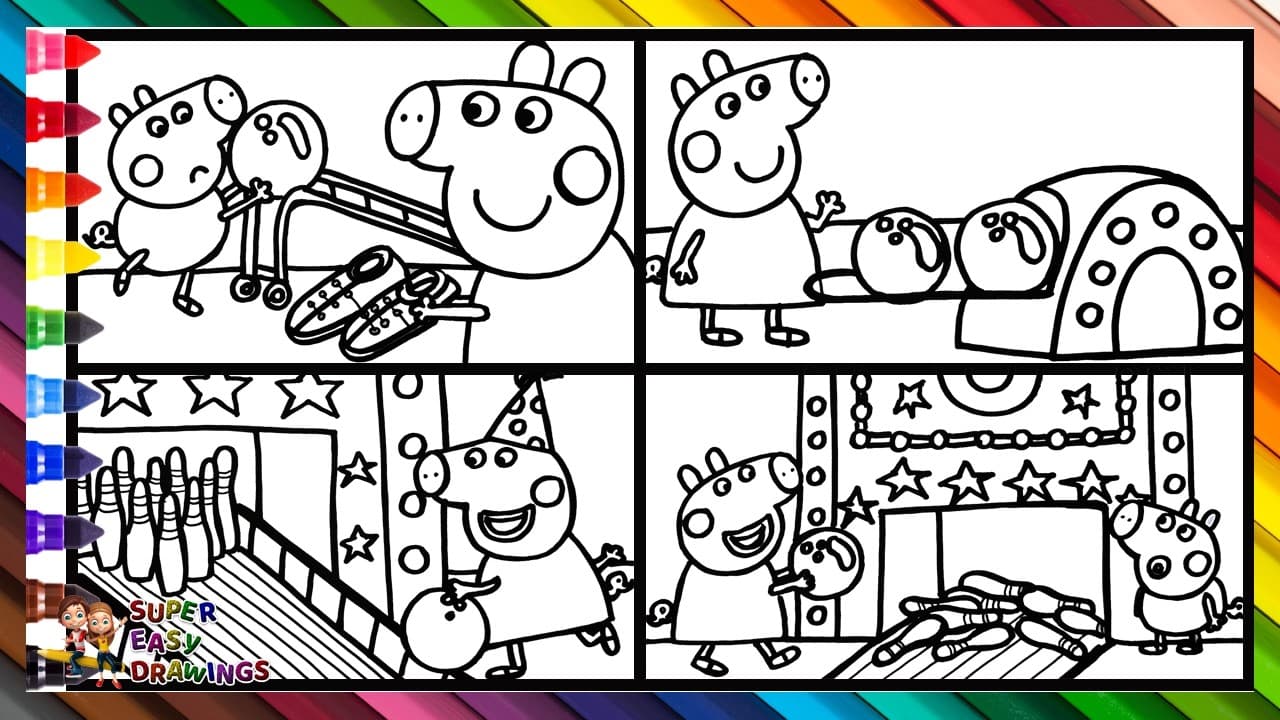 Preview of Draw and Color Peppa Pig and George Pig Playing Bowling ๐ท๐ณ๐ท๐ Drawings for Kids