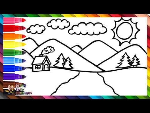 Preview of Draw and Color Simple Mountain Landscape 🏡🏞️🌲⛅🌈 Drawings for Kids